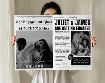 Plantilla de periódico para el futuro Sr. y Sra.: anuncio de compromiso y reserva de fecha para sesiones de fotos. Plantilla de anuncio de compromiso.