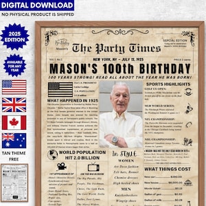100th Birthday Newspaper Poster ,Back in 1925 Birthday Poster ,100th birthday Gift for Great grandmother/Grandpa ,100 years old Born in 1925