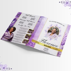 May include: A tri-fold memorial program with a portrait of a woman, floral accents, and the text "In Loving Memory of Florence Walker." The design features shades of purple and gold.