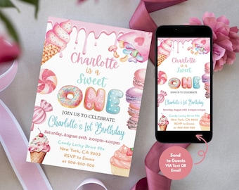 Sweet One Birthday Invitation Girl , Sweet One Digital Party Ice Cream Invitation , Pastel Sweets Ice Cream Invite , sweet one invite 02