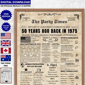 50th Birthday Newspaper Sign – Born in 1975 Birthday Gift for Men or Women | Back in 1975 Newspaper Facts  | happy 50th birthday Decorations