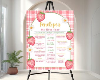 Affiche de premier anniversaire des baies, panneau modifiable de fête du 1er anniversaire fraise, premier anniversaire affiche, panneau d'affiche 01 des baies