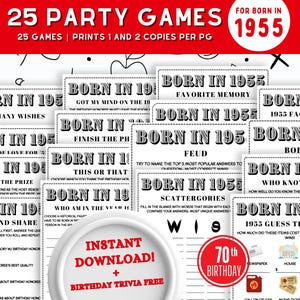 Geboren im Jahr 1955 Spiele, 70th Birthday Party Spiele Bundle, Damals im Jahr 1955 Trivia Fun Facts | 70er Geburtstagsspiele | 70er Jahre Geburtstag Familienspiele