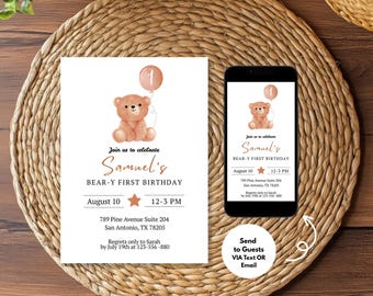 May include: A birthday invitation featuring a watercolour teddy bear and a number one balloon. The invitation reads "Samuel's Bear-y First Birthday". A smartphone displays the same invitation. The background is a woven mat.