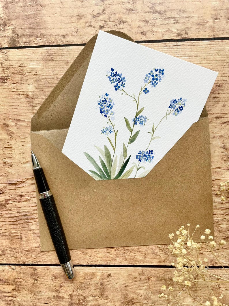 Carte "(Etre) Fleur bleue" - Myosotis - Forget me not + enveloppe kraft - carterie - papeterie déco image 2