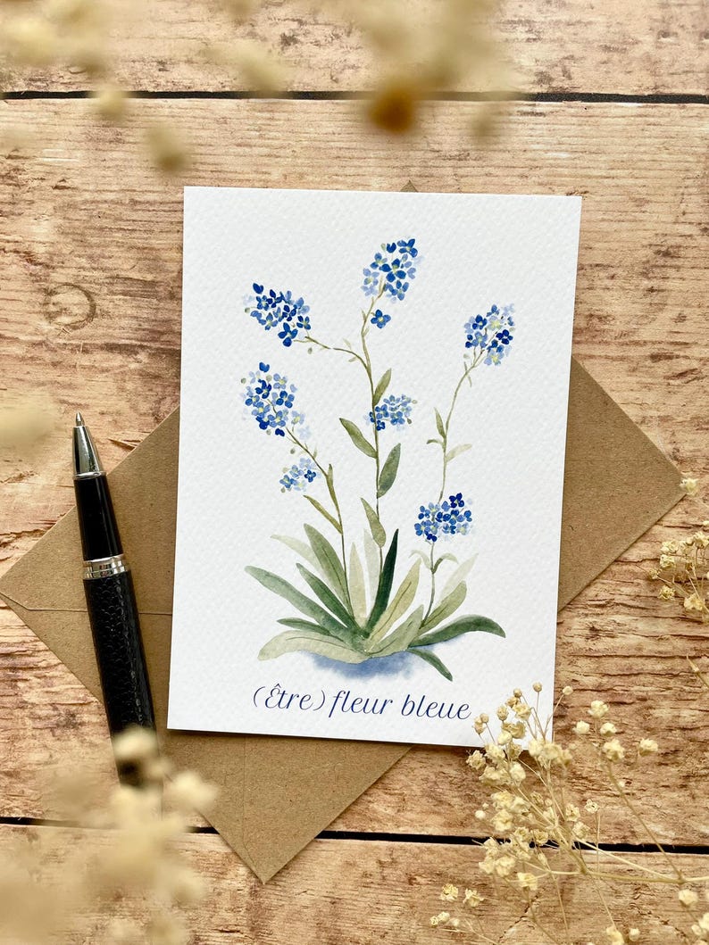 Carte "(Etre) Fleur bleue" - Myosotis - Forget me not + enveloppe kraft - carterie - papeterie déco image 1