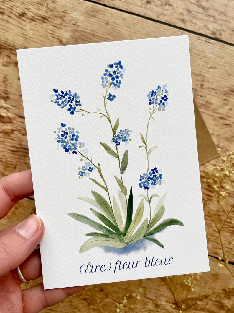 Carte "(Etre) Fleur bleue" - Myosotis - Forget me not + enveloppe kraft - carterie - papeterie déco image 4