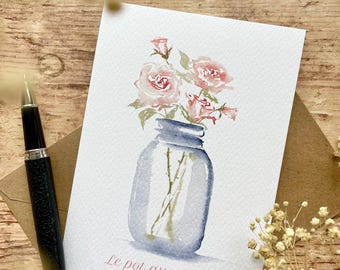 Carte "Pot aux roses" - Mason Jar + enveloppe kraft - carterie - papeterie déco