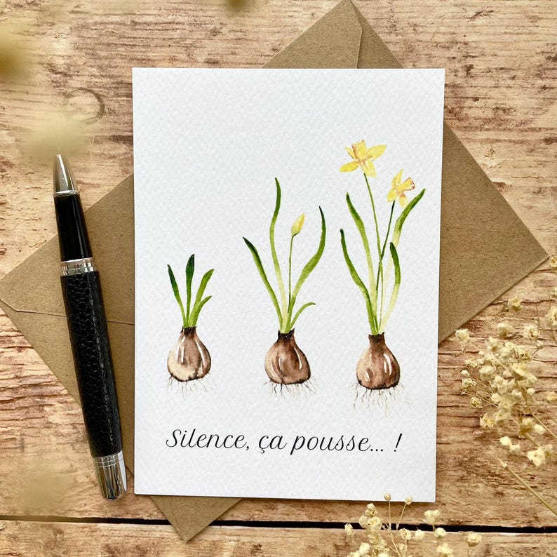 Carte "Silence ça pousse !" - Bulbe de Narcisse + enveloppe kraft - carterie - papeterie déco image 1