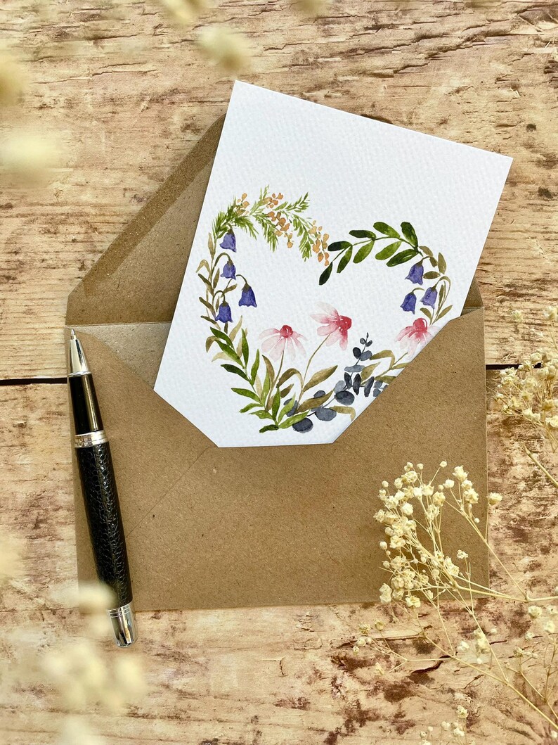 Carte Cœur fleuri + enveloppe kraft - carterie - papeterie déco image 2