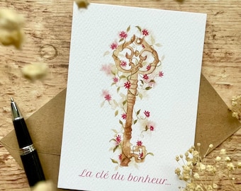 Carte "La clé du bonheur" + enveloppe kraft - carterie - mariage - papeterie déco