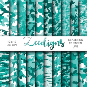Camouflage Seamless Turquoise Digital Scrapbook Printable Paper | Digital Paper | Camo Pattern | Military | Army | Marines | Hunting | Blue