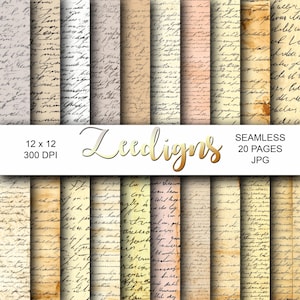May include: A set of 20 digital paper designs featuring seamless patterns of handwritten text in various shades of brown, beige, and cream. The papers are 12 inches by 12 inches and 300 DPI.