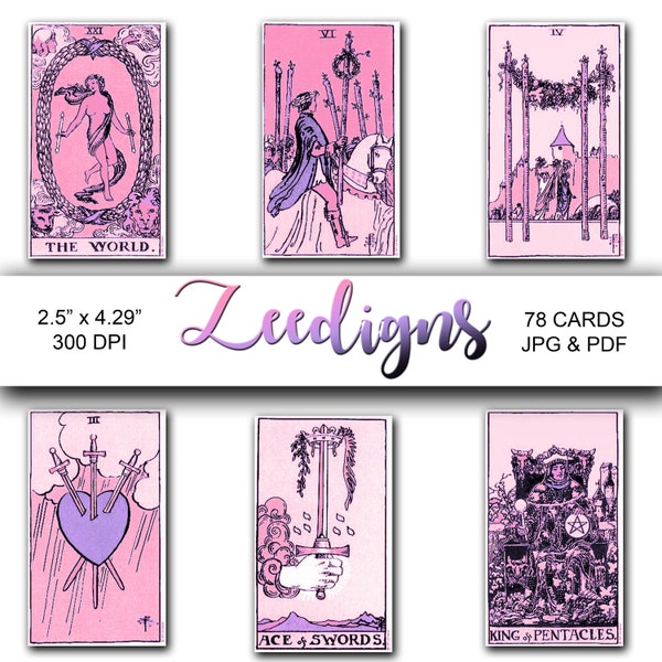 Pink and Purple Tarot Cards 78 Deck - Instant Digital Download - Rider Waite Smith - Printable Tarot Deck - Pink Purple Tarot Deck - JPG PDF