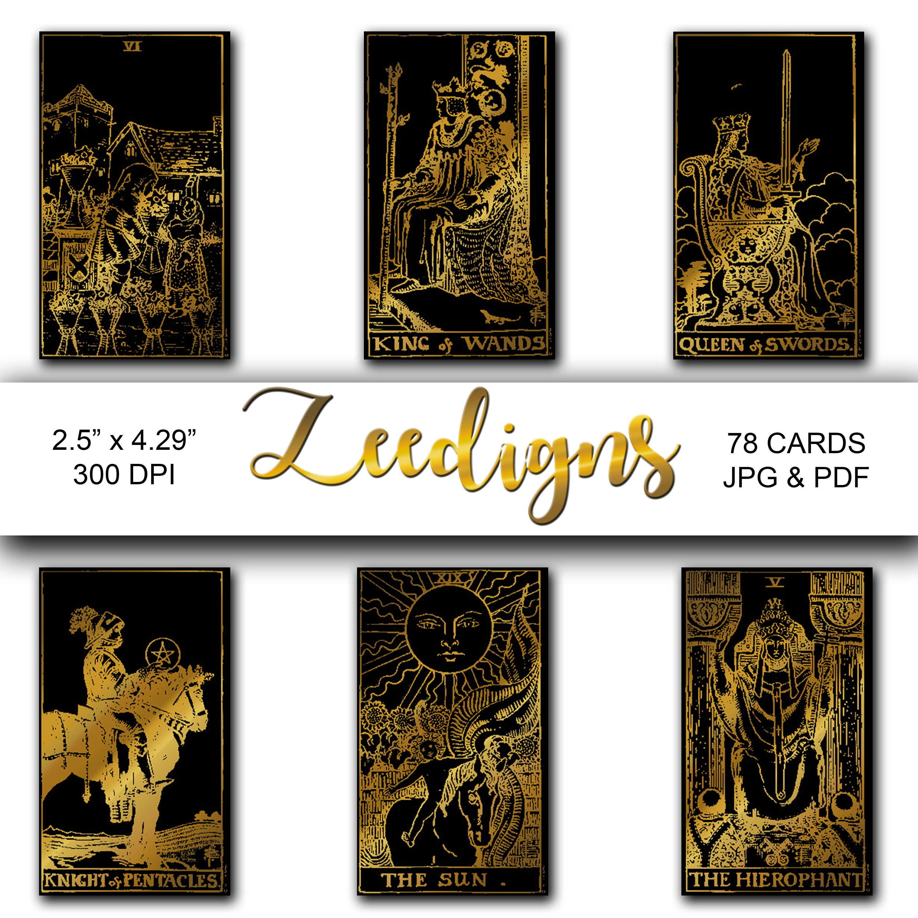 Black and Gold Tarot Cards 78 Deck Instant Digital Download | Etsy