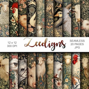 William Morris Style Farm Tiere Nahtloses Digitales Sammelalbum Junk Journal | Digitales Papier | Shabby Chic Vintage Hahn Schwein Schaf Kuh