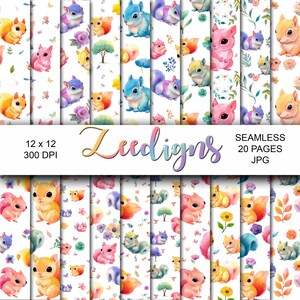 May include: A set of watercolour seamless digital papers featuring cute squirrels in various colours, flowers, and butterflies. The papers are 30.48 x 30.48 cm at 300 DPI. The text "Zeedigns" is displayed in a colourful script.