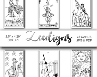 Color In Tarot Cards 78 Deck - Instant Digital Download - Rider Waite Smith  - Printable Tarot Deck - JPG and PDF - Black and White Clipart