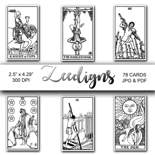 Color In Tarot Cards 78 Deck - Instant Digital Download - Rider Waite Smith  - Printable Tarot Deck - JPG and PDF - Black and White Clipart