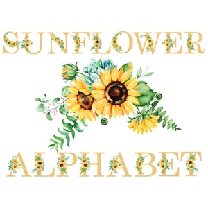 Alphabet tournesol Clipart scrapbooking numérique ensemble papier imprimable | Aquarelle florale | Monogramme | Jaune | Lettres de l'alphabet | Chiffres