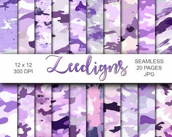 Papel digital para álbum de recortes imprimible con estampado de camuflaje violeta claro sin costuras / Papel digital / Patrón de camuflaje / Militar / Ejército / Marines / Niña
