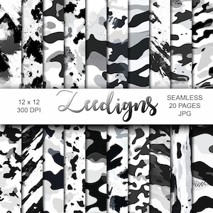 Black and White Camouflage Seamless Digital Scrapbook Printable Paper | Digital Paper | Camo Pattern | Military | Army | Marines | Hunting