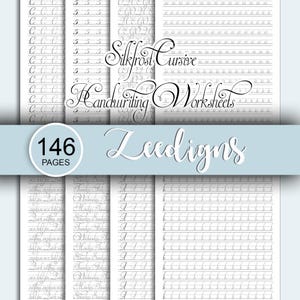 May include: Handwriting practice worksheets with cursive letter examples. The image displays several pages with letter and word exercises. The text includes "Silkfrost Cursive Handwriting Worksheets" and "146 Pages". The brand name "Luedigns" is also visible.