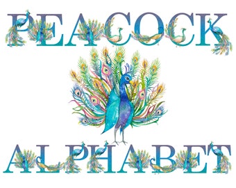 Peacock Alphabet Clipart Scrapbooking Digital Set Printable Paper | Watercolor Peacock Bird | Monogram | Feathers | Birds | Royal |