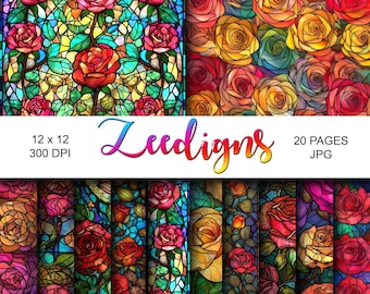 Papel imprimible para álbum de recortes digital con vitrales de rosas / Papel digital / Vitral con rosas / Patrón de vitrales / Flor
