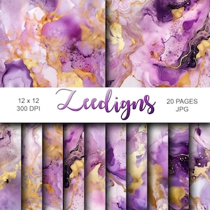 Purple and Gold Alcohol Ink Digital Scrapbook Printable Paper | Alcohol Ink Texture Photo Overlays | Fine Art | Marble | Paint Pouring