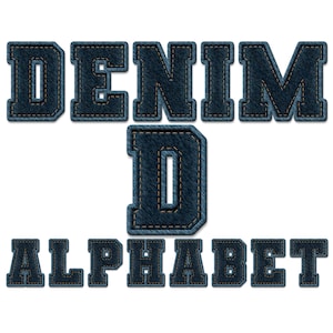 Puede incluir: Letras del alfabeto de mezclilla en tela de mezclilla azul y blanca. Las letras están en una fuente en negrita, de bloque. Las letras deletrean "DENIM ALPHABET".