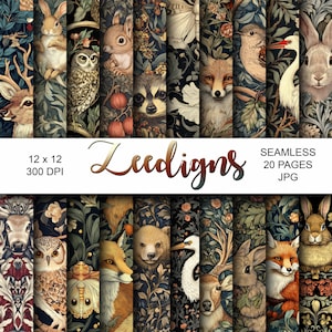 William Morris Style Tiere Nahtloses digitales Sammelalbum druckbares Papier | Junk Journal | Shabby Chic Vintage Reh Fuchs Kranich Hase Waschbär