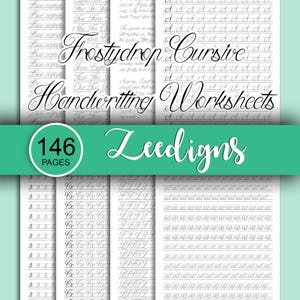 Puede incluir: Una pila de hojas de ejercicios de escritura a mano con las palabras "Frostydrop Cursive Handwriting Worksheets" en escritura cursiva. La imagen incluye el texto "146 Páginas" y la marca "Zeedigns".