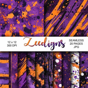 Halloween éclabousse de papier imprimable Scrapbooking numérique sans couture | Papier numérique | texturés | Orange Violet Noir Éclaboussures de peinture effrayant Halloween