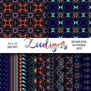 Puede incluir: Un conjunto de 20 diseños de papel digital con intrincados patrones geométricos en tonos de azul, naranja y morado. Los papeles son sin costuras y miden 30,48 cm por 30,48 cm a 300 DPI. El texto "Zeediigns" se muestra en un degradado arcoíris.