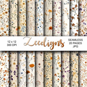 Puede incluir: Un conjunto de 20 diseños de papel digital con varios patrones florales en tonos marrones, azules, amarillos y morados sobre un fondo crema. Los papeles son sin costuras y miden 30,48 cm por 30,48 cm a 300 DPI. El texto "Zeediigns" se muestra en una fuente dorada.