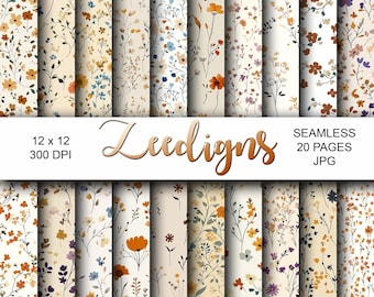 Boho Flowers Seamless Digital Scrapbook Printable Paper | Papel digital | Flor selvagem | Floral vintage | Papel digital com padrão floral pequeno