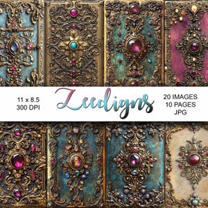 May include: A set of 10 digital paper designs featuring ornate, gold-toned book covers with jewel-toned accents. The covers have a vintage, antique aesthetic. The text "Zeediigns" is visible in the center of the image.