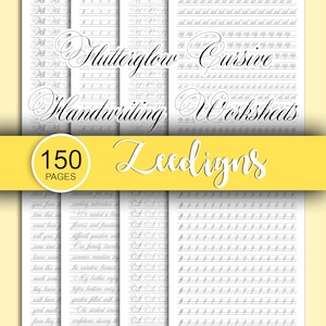 Könnte beinhalten: Arbeitsblätter zum Üben der Schreibschrift mit dem Text "Flutterglow Cursive Handwriting Worksheets" und "150 Pages". Das Bild zeigt Seiten mit Linien zum Üben. Das Design beinhaltet ein gelbes Banner mit dem Wort "Zeedigns".