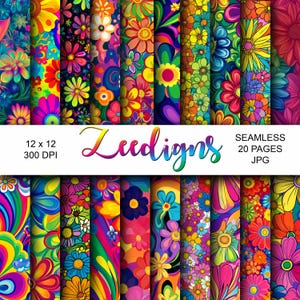 Hippie Flowers Seamless Digital Scrapbook Printable Paper | Junk Journal | Wild Flower | Floral Grunge | Psychedelic Floral Pattern Digital