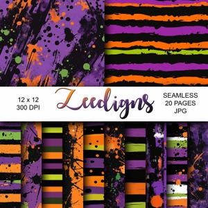 Halloween éclabousse de papier imprimable Scrapbooking numérique sans couture | Papier numérique | Texture Orange Pourpre Noir Éclaboussures Peinture Pour Halloween