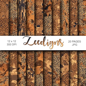 Puede incluir: 20 diseños de papel digital con un patrón de estampado de leopardo marrón y negro con una superposición de camuflaje. Los papeles miden 30,48 cm x 30,48 cm y 300 DPI.