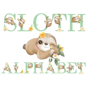 Sloth Alphabet Clipart Scrapbooking Digital Set Printable Paper | Watercolor Sloth | Monogram | Cute Sloth | Flowers | Floral