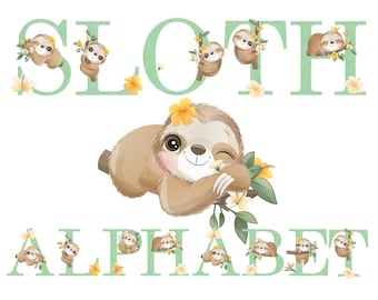 Sloth Alphabet Clipart Scrapbooking Digital Set Printable Paper | Watercolor Sloth | Monogram | Cute Sloth | Flowers | Floral