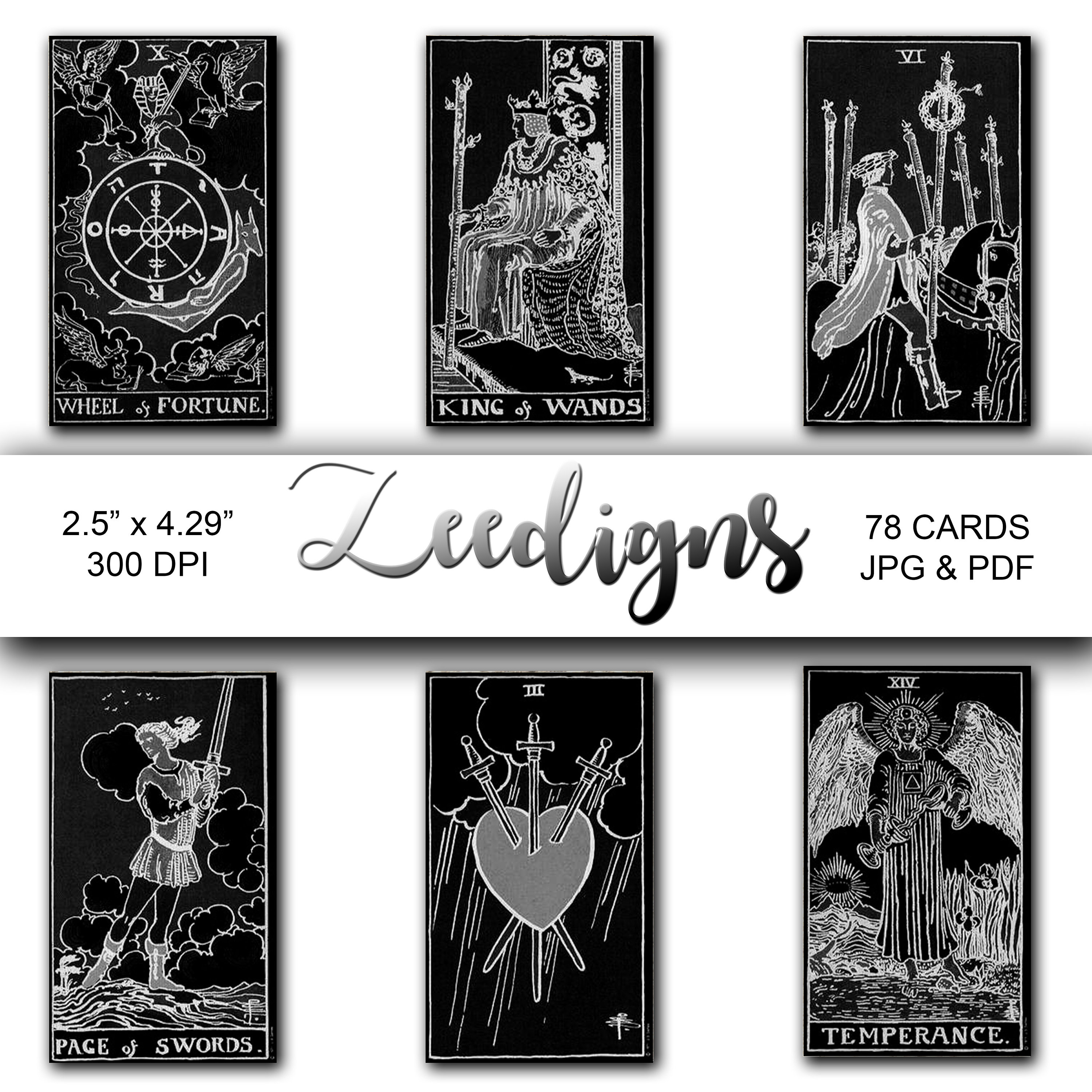 Black and White Tarot Cards 78 Deck - Instant Digital