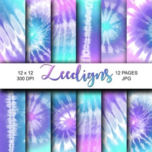 May include: Twelve digital paper designs featuring tie-dye patterns in shades of blue, purple, and pink. The papers are 12 x 12 inches and 300 DPI.