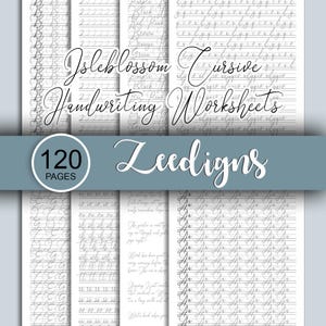 May include: A collection of handwriting worksheets with cursive writing samples. The image features the text "Joleblossom Cursive Handwriting Worksheets" and "120 Pages". The worksheets are designed for practicing handwriting.