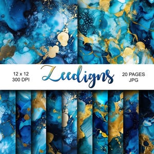 Papel imprimible para álbumes de recortes digitales con tinta de alcohol azul y dorada / Superposiciones fotográficas con textura de tinta de alcohol / Bellas artes / Textura de mármol / Vertido de pintura