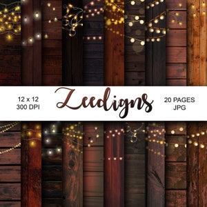 Luces de hadas de madera rústicas Álbum de recortes digital Papel digital imprimible / Madera teñida / Madera desgastada / Fondo / Boda