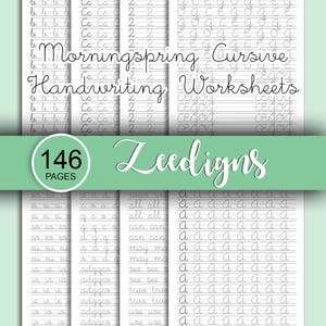 May include: Cursive handwriting worksheets with practice pages. The image shows multiple pages with handwriting exercises, including letter formation and word practice. The worksheets are labeled "Morningspring Cursive Handwriting Worksheets" and "146 Pages".